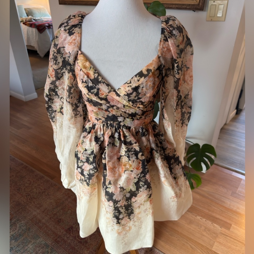 Zimmermann Floral Puff-Sleeve Mini Dress in Cream, Black and Pink - Picture 8 of 12